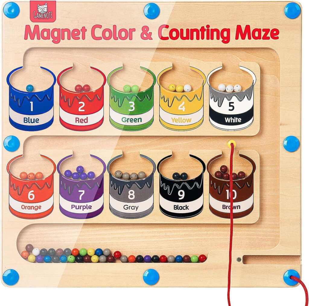 GAMENOTE Magnetic Color and Number Maze - Montessori Fine Motor Skills Toys for Boys Girls 3 4 5 Years Old, Wooden Color Matching Learning Counting Toddler Puzzle Board