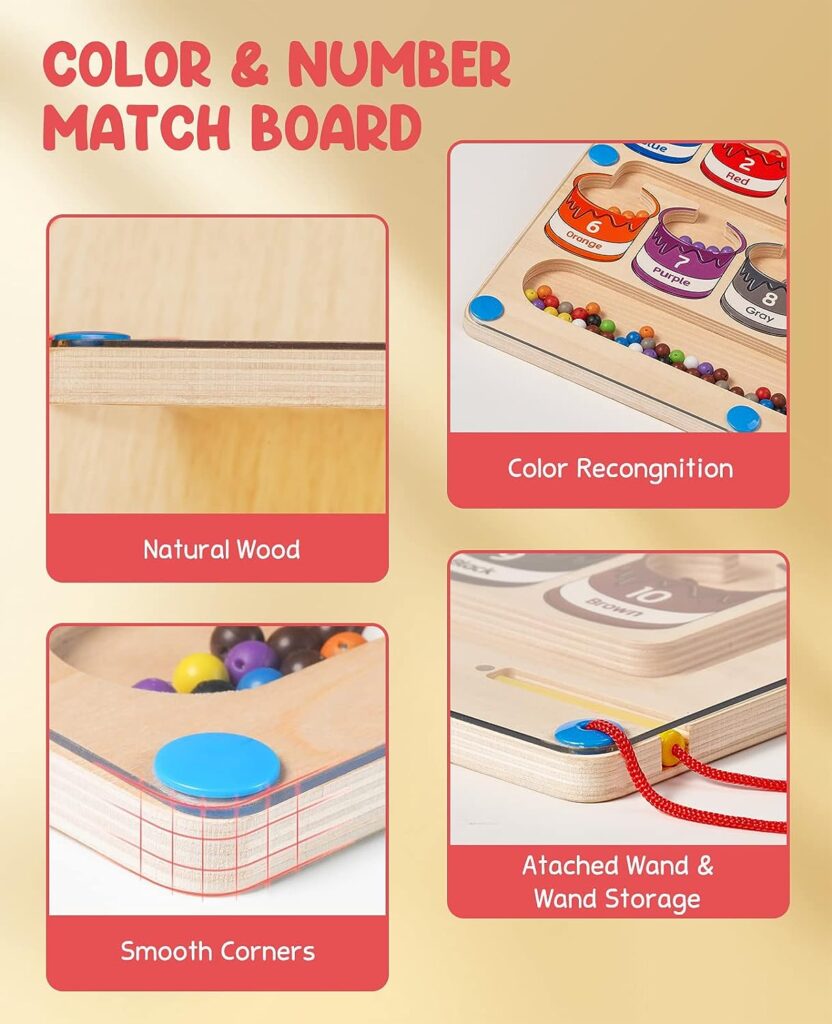 GAMENOTE Magnetic Color and Number Maze - Montessori Fine Motor Skills Toys for Boys Girls 3 4 5 Years Old, Wooden Color Matching Learning Counting Toddler Puzzle Board