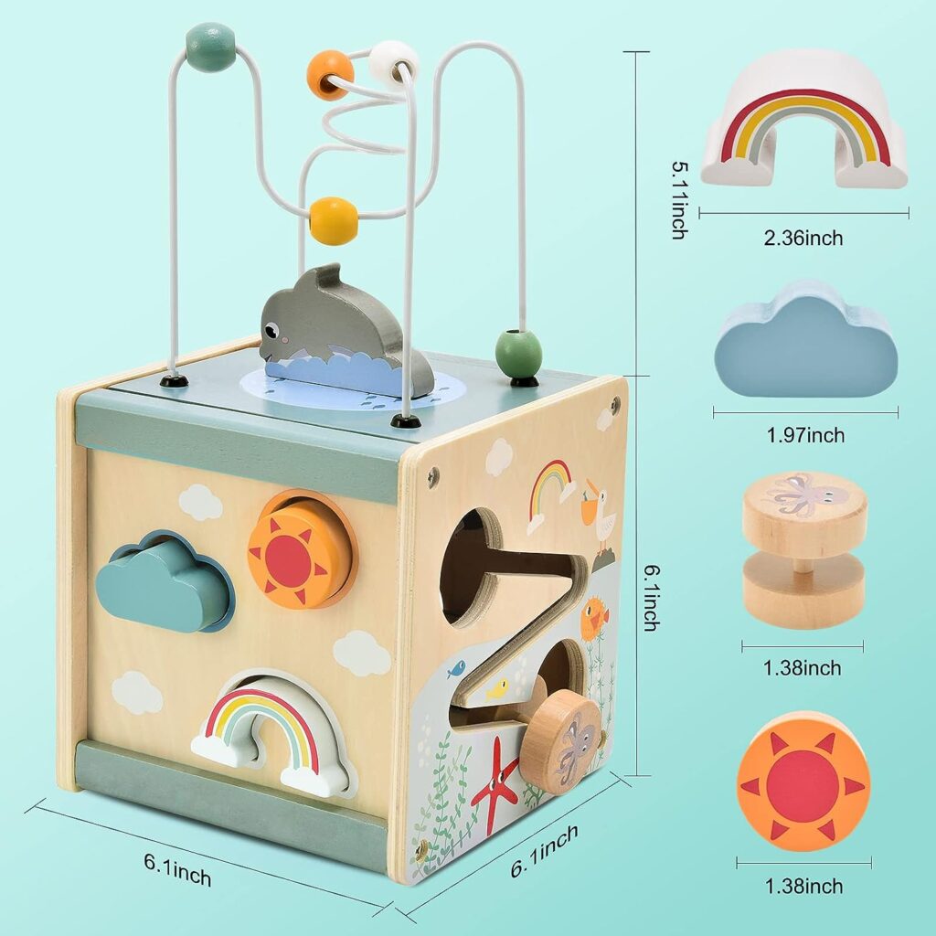 Atoylink Wooden Activity Cube for Toddlers 1-3, 5 in 1 Ocean Animal Shape Sorter Bead Maze Montessori Toys Baby 6-12 Months Educational Learning Toys for 1 Year Old Boy Girl Birthday Gift