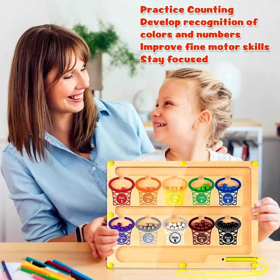 Discover fun and wisdom - Magnetic Color and Number Maze Board - Wooden Montessori Counting Toys! Toddler toys, preschool sensory math educational activities for boys and girls ages 3+. (basketball)