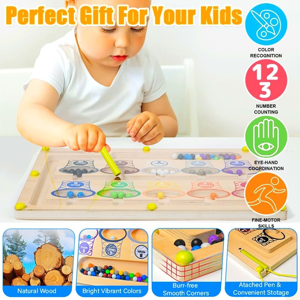 Discover fun and wisdom - Magnetic Color and Number Maze Board - Wooden Montessori Counting Toys! Toddler toys, preschool sensory math educational activities for boys and girls ages 3+. (basketball)