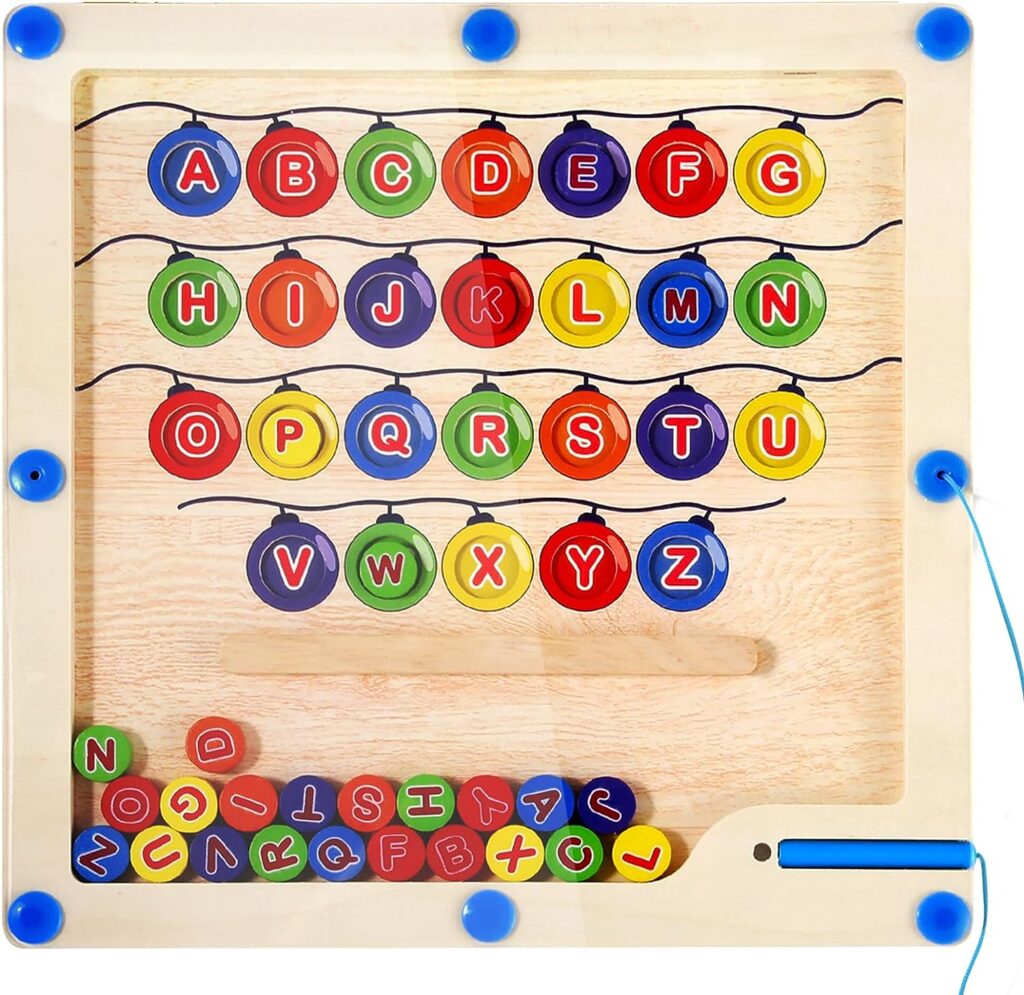 Magnetic Alphabet Maze Board with 4 Activity Cards, Wooden Magnets Letters Puzzles, ABC Alphabet Learning Toys for Toddlers, Fine Motor Skills Toys Gifts for 3 4 5 Year Old Kids Montessori Toy