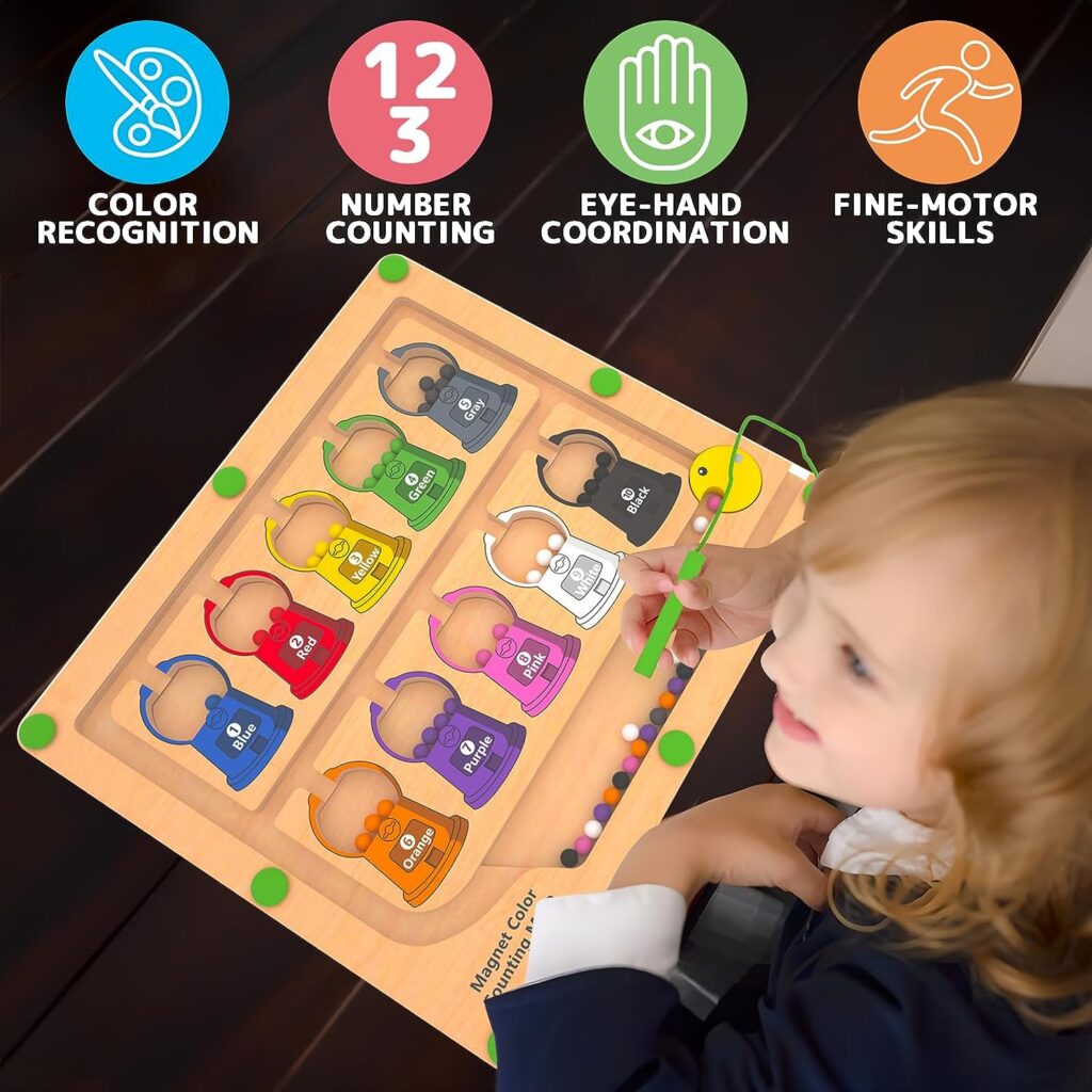 Magnetic Color and Number Maze - Montessori Toys for 3+ Year Old, Wooden Magnet Color Sorting and Learning Counting Puzzle Game Board - Fine Motor Skills Toys for Boys and Girls 3 4 5 Years Old