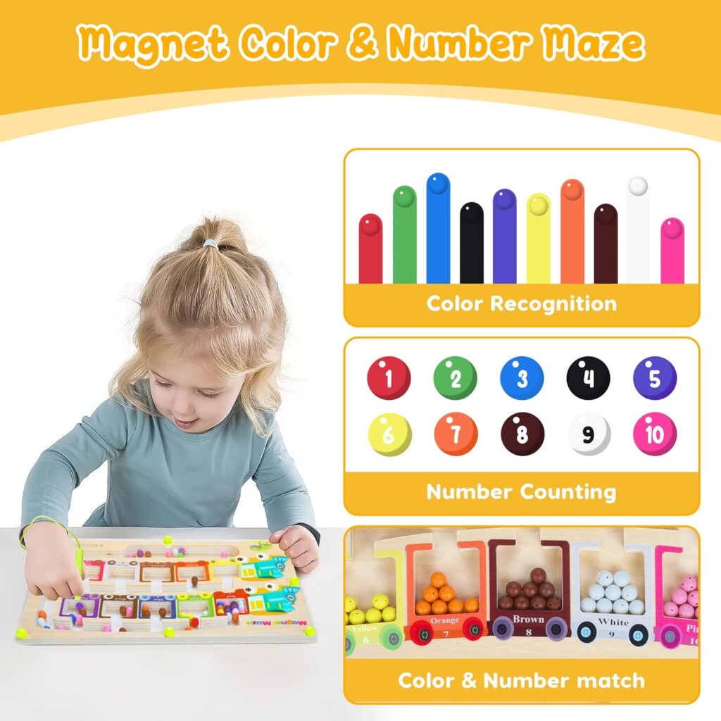 Magnetic Color  Number Maze Montessori Wooden Magnet Puzzle Game Board Montessori Color Matching Learning Counting Puzzle Board Toddler Fine Motor Skills Toys Giftfor Boys Girls 3 4 5 Years Old