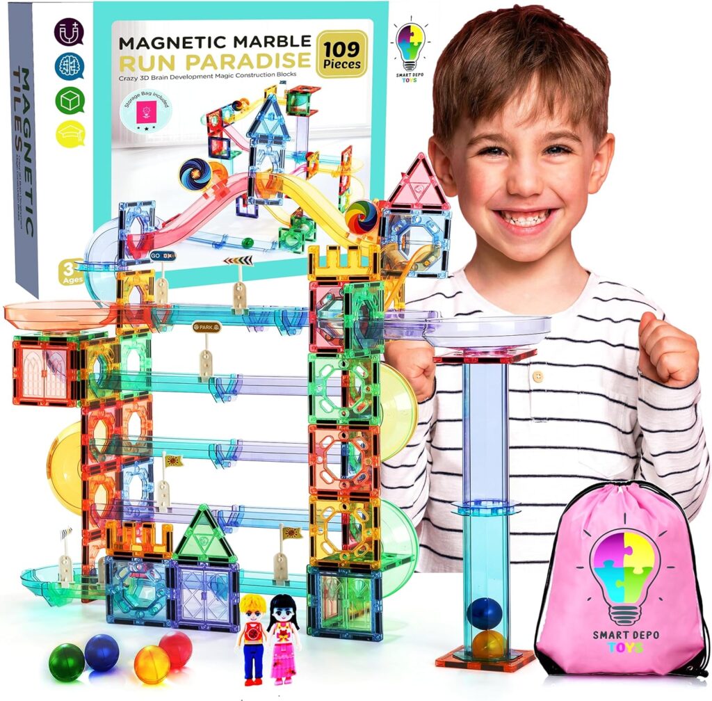 Magnetic Tiles Marble Run 109PCS Marbles Magnet Maze Game Race Track Building Block Learning Toys Educational Construction Child Brain Development Boys Girls Age 3 4 5 6 7 8 Years Old Toy Set Magnets