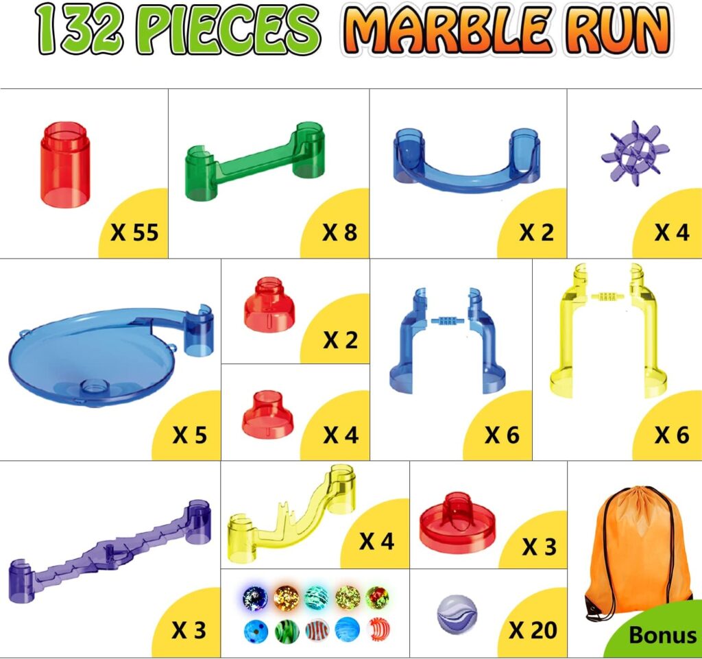 Meland Marble Run - 132Pcs Marble Maze Game Building Toy for Kid, Marble Track Race SetSTEM Learning Toy Gift for Boy Girl Age 4 5 6 7 8 9+ (102 Translucent Marbulous Pcs  30 Glass Marbles)