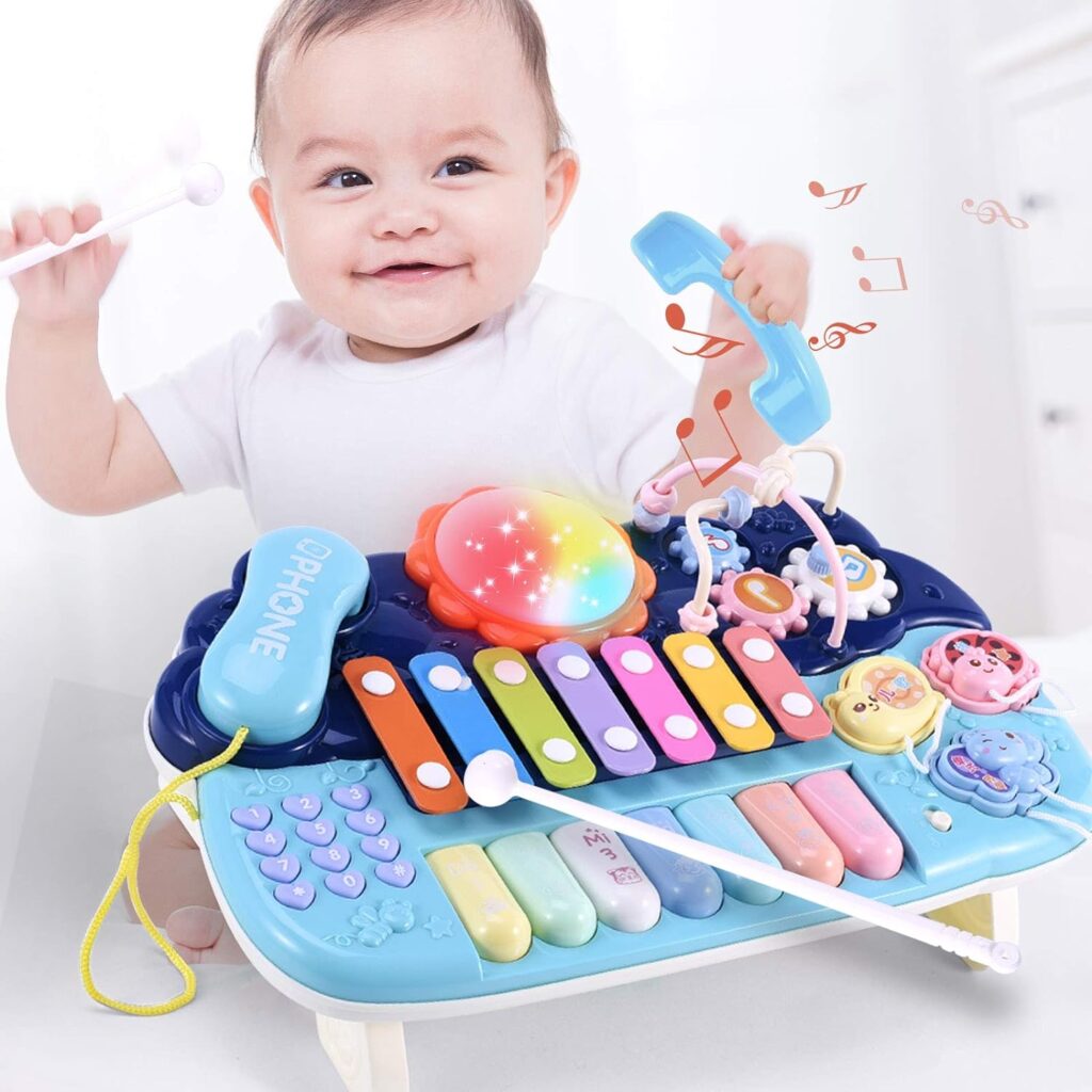 Musical Toys for Toddlers 1-3 6 in 1 Multifunction Baby Musical Toys Piano Drum Set Xylophone Bead Maze Gear Kids Phone Toys Electronic Learning Toys for Baby Infant Toddler Birthday Gifts for Kids