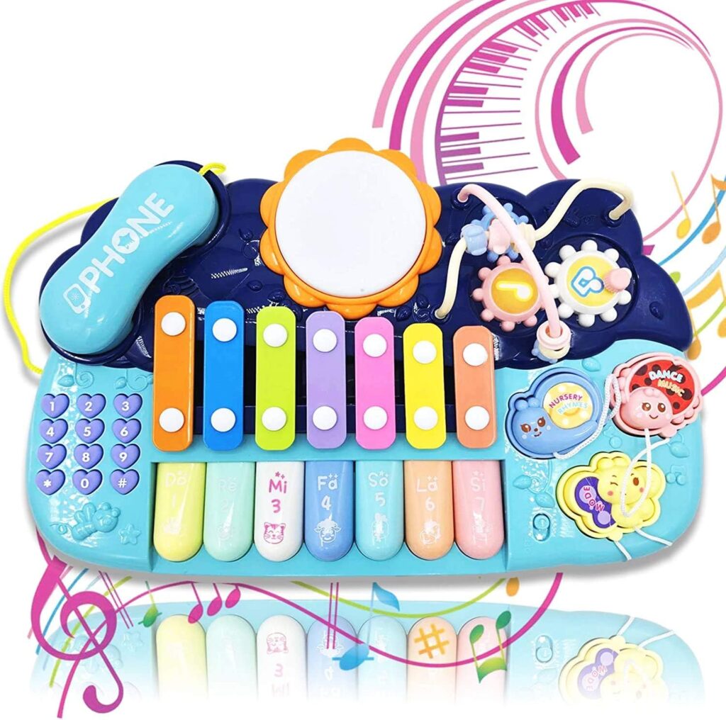 Musical Toys for Toddlers 1-3 6 in 1 Multifunction Baby Musical Toys Piano Drum Set Xylophone Bead Maze Gear Kids Phone Toys Electronic Learning Toys for Baby Infant Toddler Birthday Gifts for Kids