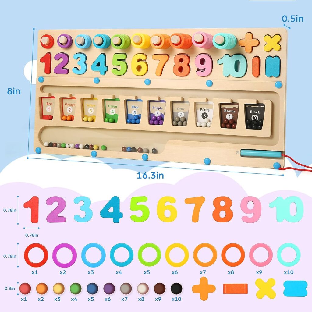 VZZNN Magnetic Color and Number Maze, 3 in 1 Montessori Toys for 3+ Year Olds, Wooden Number Puzzle for Toddler Activities, Preschool Sorting and Stacking Toys for Baby Boys and Girls