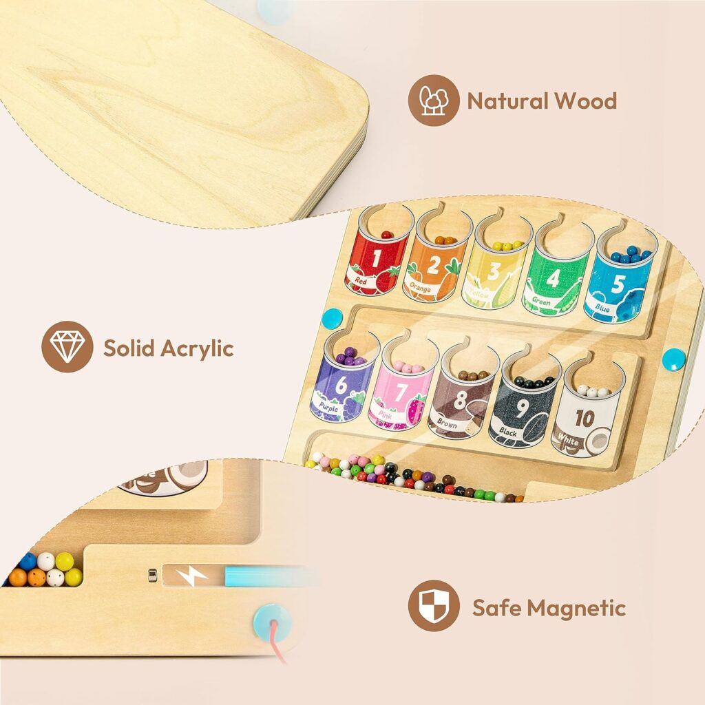 Woodtoe Magnetic Color and Number Maze, Montessori Wooden Magnet Puzzles Game Board for Toddlers, Fine Motor Skills Toys for 3 4 5 Years Old, Learning Counting Educational Toys Gift for Boys Girls