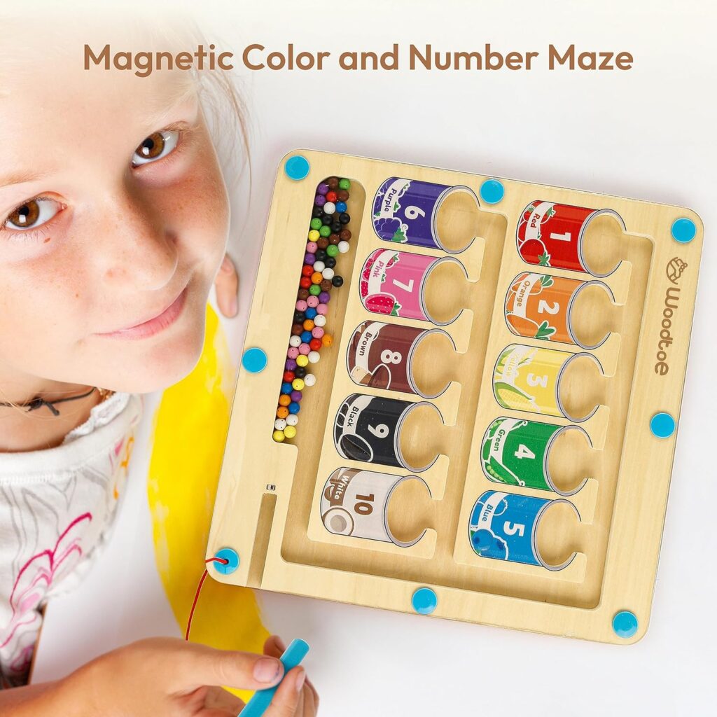 Woodtoe Magnetic Color and Number Maze, Montessori Wooden Magnet Puzzles Game Board for Toddlers, Fine Motor Skills Toys for 3 4 5 Years Old, Learning Counting Educational Toys Gift for Boys Girls